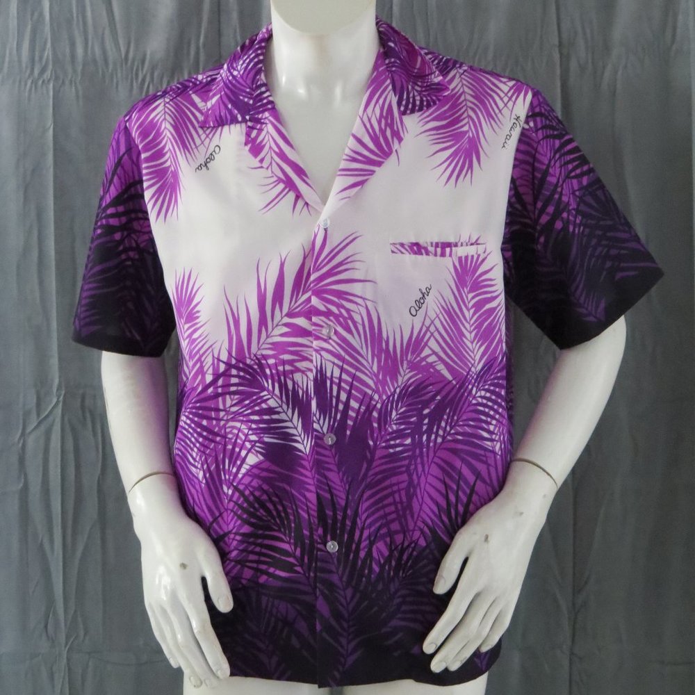 Vintage Hawaiian Shirt - Purple Fern Leaf Pattern by Helena - Men's Large